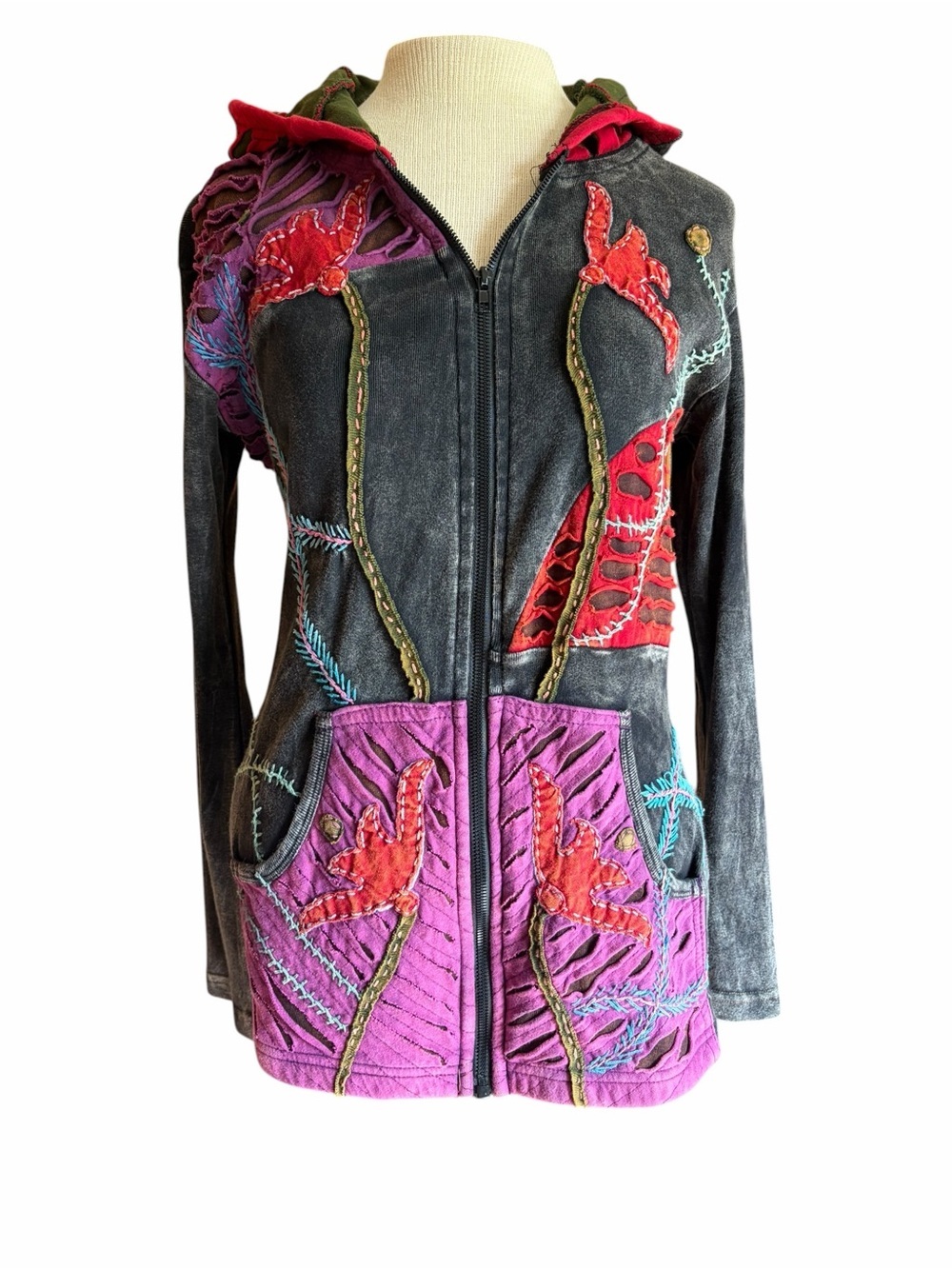 Boho Embroidered Hooded Jacket - Charcoal with Red & Purple